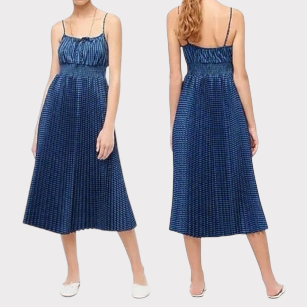 J.Crew Blue Gingham Pleated Midi Dress Smocked Waist Tie Strap Pocket Sz 0‎